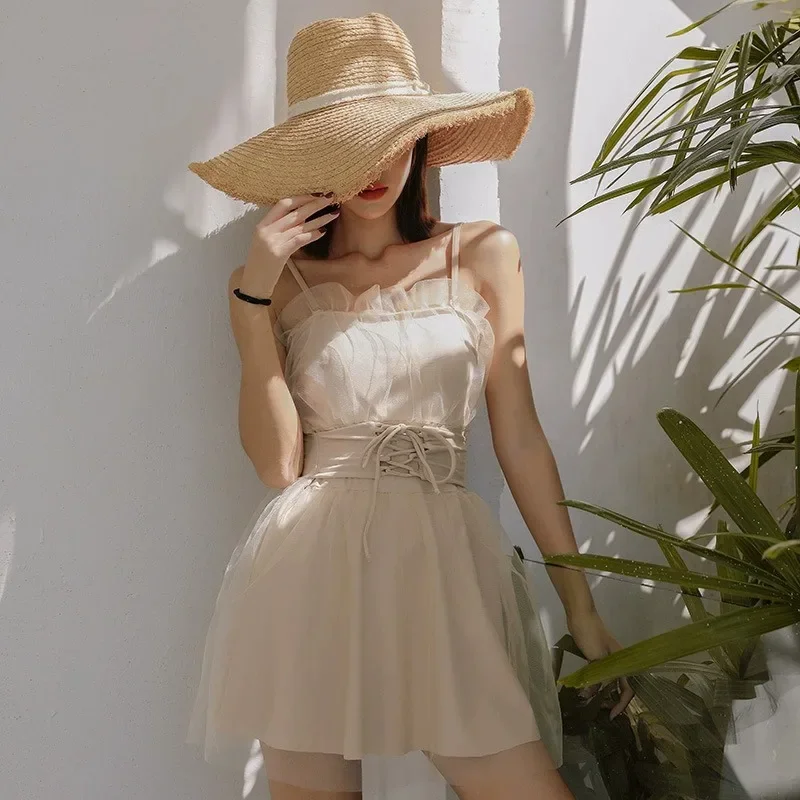 

New Swimsuit Women's Gauze Skirt Hot Spring Cover Belly Slimming Student Conservative Fairy Fan Ins Women's Swimsuit