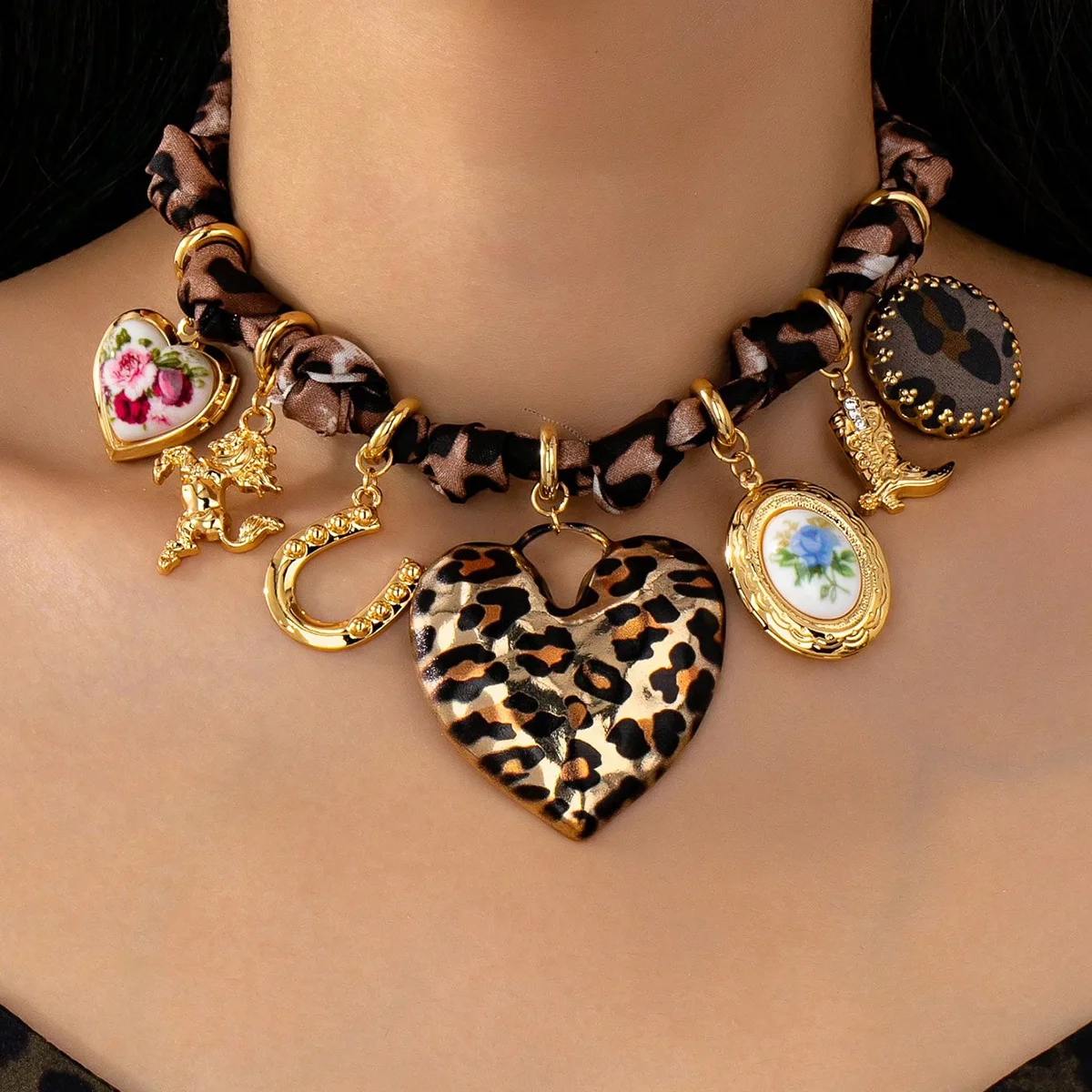 New Arrival Autumn & Winter Women's Necklace - Leopard Ribbon with Multi-Pendants (Heart, Horseshoe, Bow, Sun Face) M624