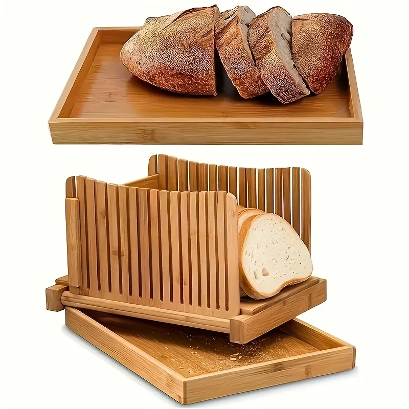 GloBamboo Bamboo Bread Slicer with Cutting Board For Homemade Bread, Adjustable, Compact, Foldable and Customizable Loaf/Cakes/Bagel Slicer, 3 Slice Sizes with Serving and Crumb Catcher Tray