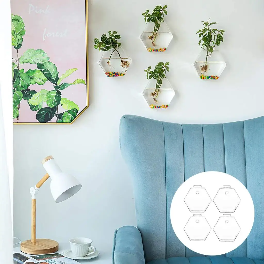 Clear Hexagonal Shape Hanging Wall Planter , Pack of 4 with Hooks Included Mounting, Great for DIY, Crafts, Home , & !