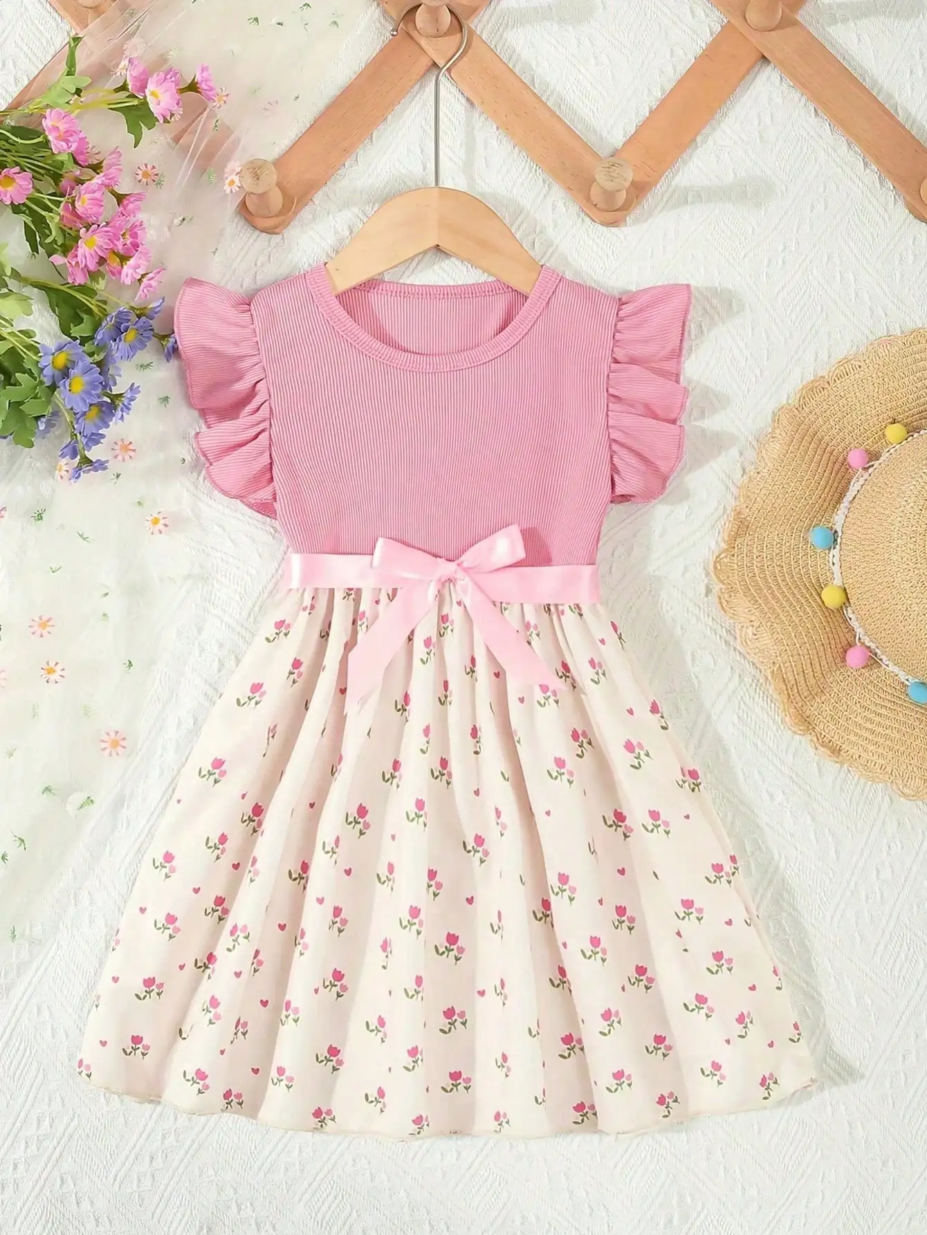 Summer Style Girls' Sleeveless Round Neck Flying Sleeve Pink Printed Dress, Cute Outfit, With Belt