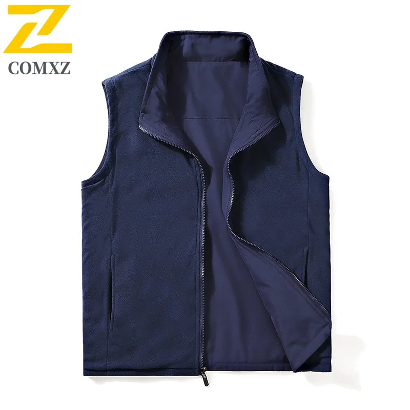 COMXZ 2025 T01 Autumn New Middle Aged Fleece Vest Reversible Waistcoat Turn Down Collar Top Plus Size Mens Vest