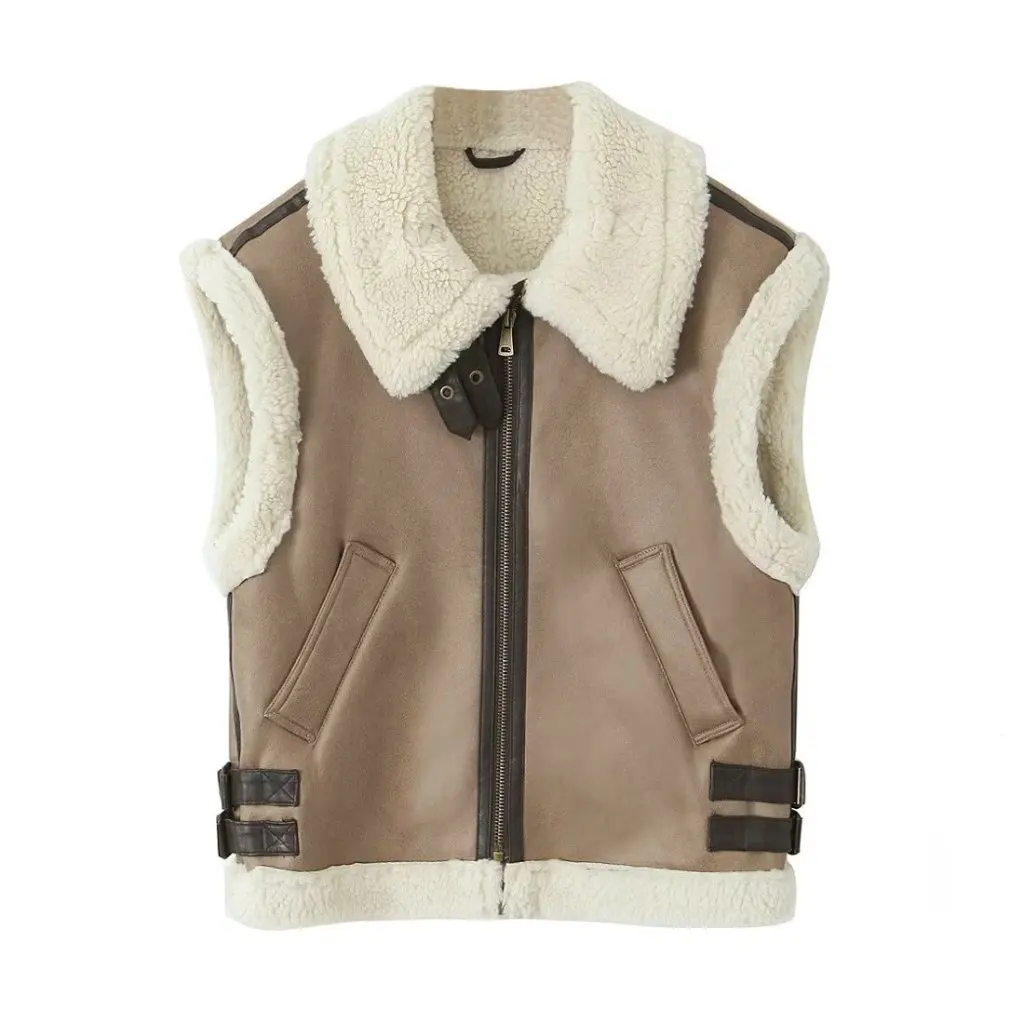 เสื้อกั๊กขนสัตว์ผู้หญิงสำหรับฤดูใบไม้ร่วงและฤดูหนาว สไตล์อเมริกันย้อนยุค ขนแกะ ทรงหลวม ซิปหนังกลับ เสื้อโค้ทหนา เสื้อแจ็คเก็ต