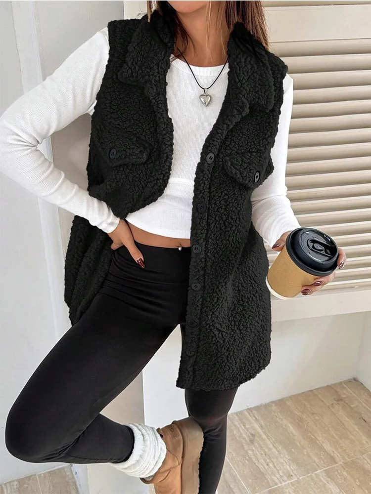 

New plush medium to long vest autumn and winter collared sleeveless jacket effortlessly creates a casual and warm style
