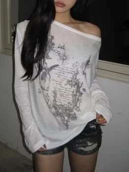 חולצות גרפיות טי שרוול ארוך חולצת טי-שירט רחבה מעט שקופה דקה חולצת טי-שירט Y2K רואים דרך חולצות נשים אופנת קוריאה 2024