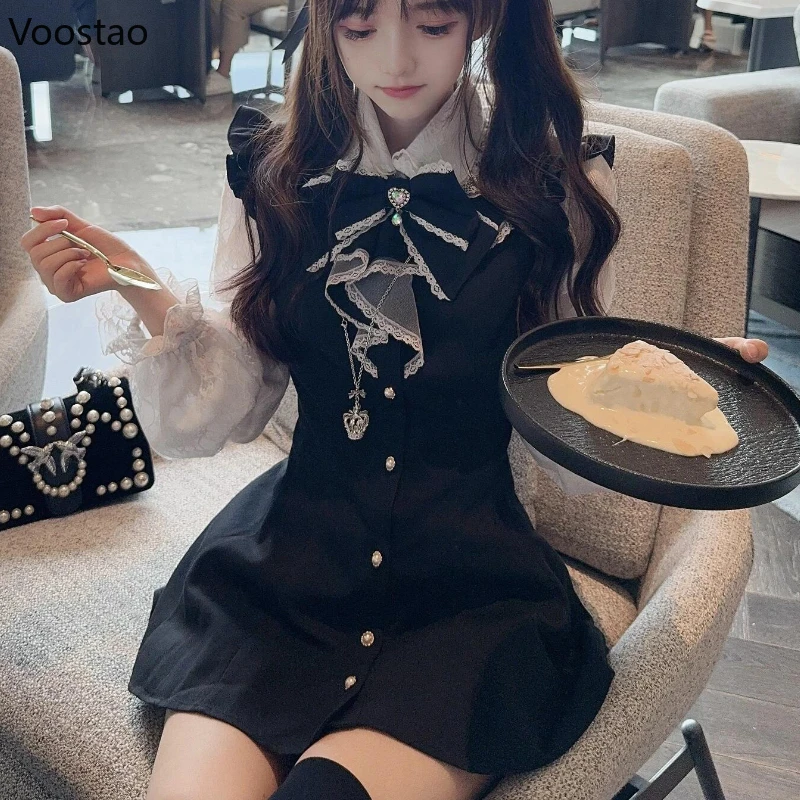 Robe Gothique de Style Japonais Y2k avec Nministériels d Lolita pour Femme, Vintage, Manches sulf, Faux Deux Pièces, Mini Robe de Soirée en Dentelle Mignonne, Patchwork