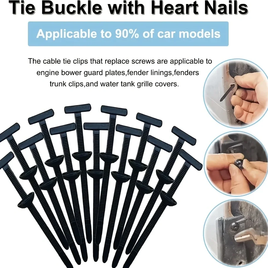 T Rivet Cable Tie Clips, Self-Locking Plastic Zip Tie Fasteners for Car Fender, Engine, Trunk Wire Management
