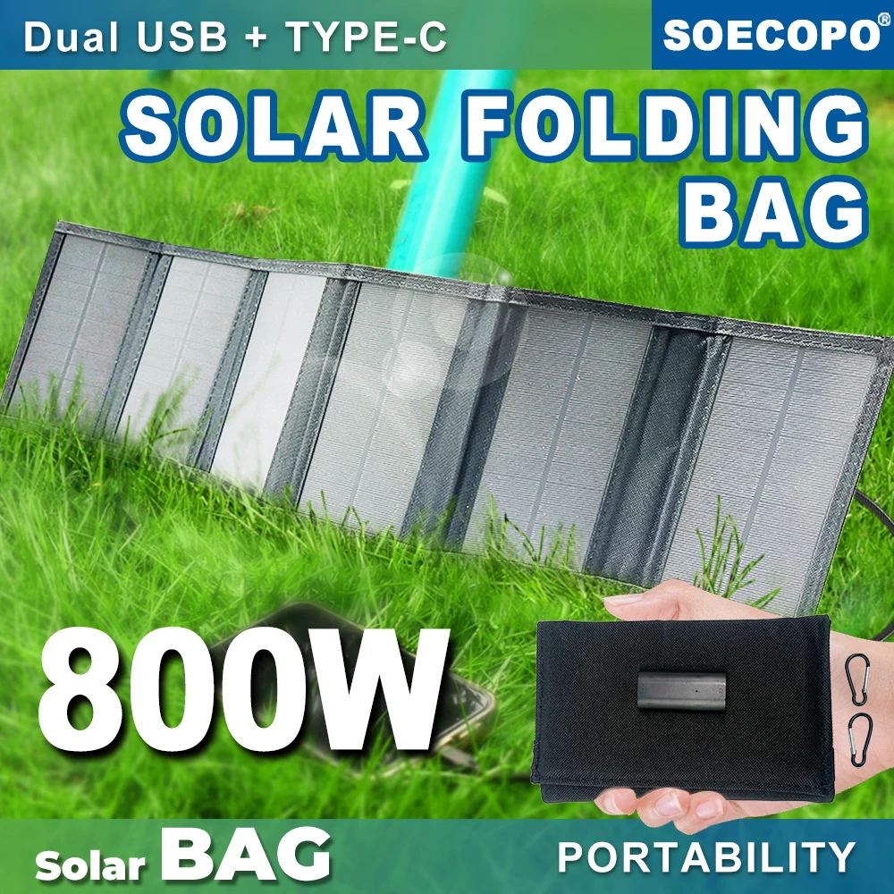 SOECOPO 6-fold Portable Camping Power Bank Dual Interface Charge Phone Solar Panel Bag Foldable Design USB + Type - C 5V Ports