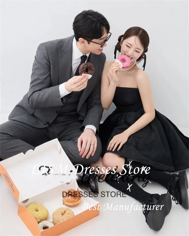 

LISM Simple Black Short Korea Evening Dresses A-line Bridal Gown Customized Photo ShootCorset Back Fromal Party Dresses