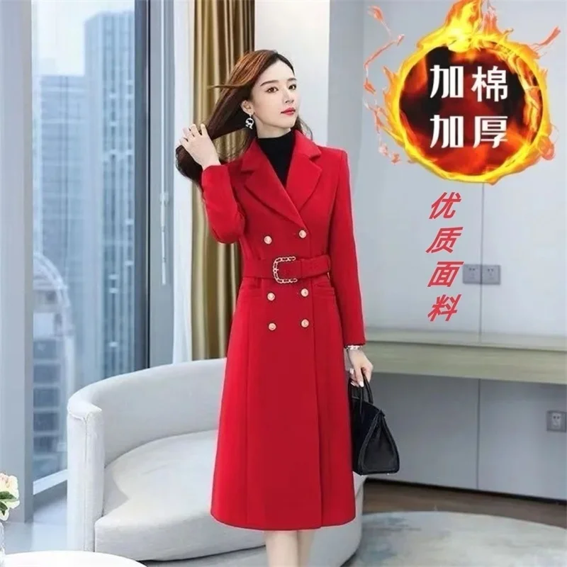 Women's Long Woolen Coat 2024 Spring And Autumn Seasons, New Korean Version Fashionable Slim Fit Woolen Year's Robe Medium Long