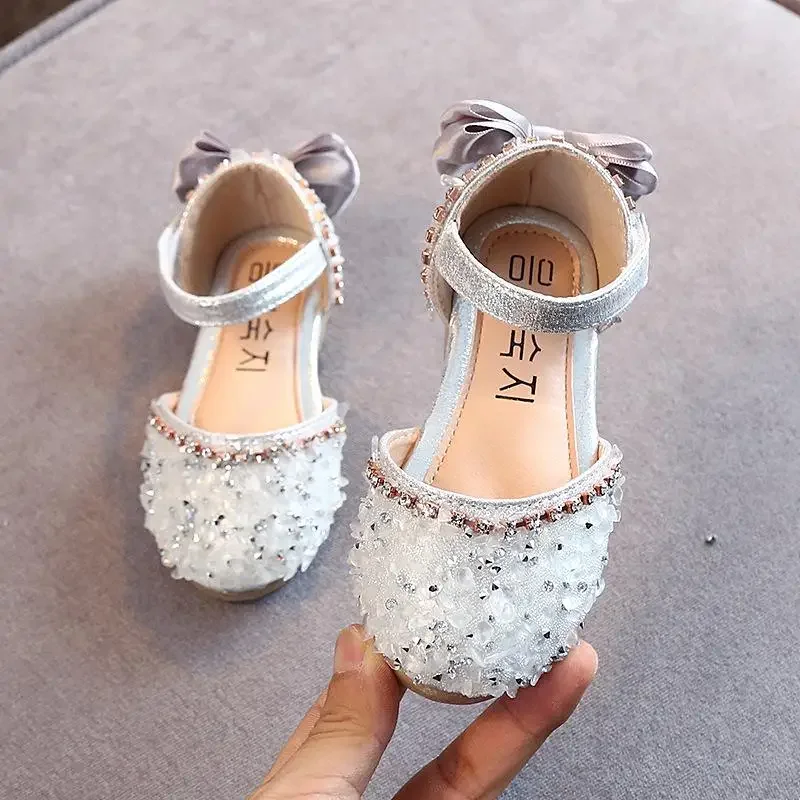 Girls Fashion Princess Flats Shoes Crystal Bow Single Summer Soft Sandals Children Pu Flat Baby Rhinestone Toddler Footwear