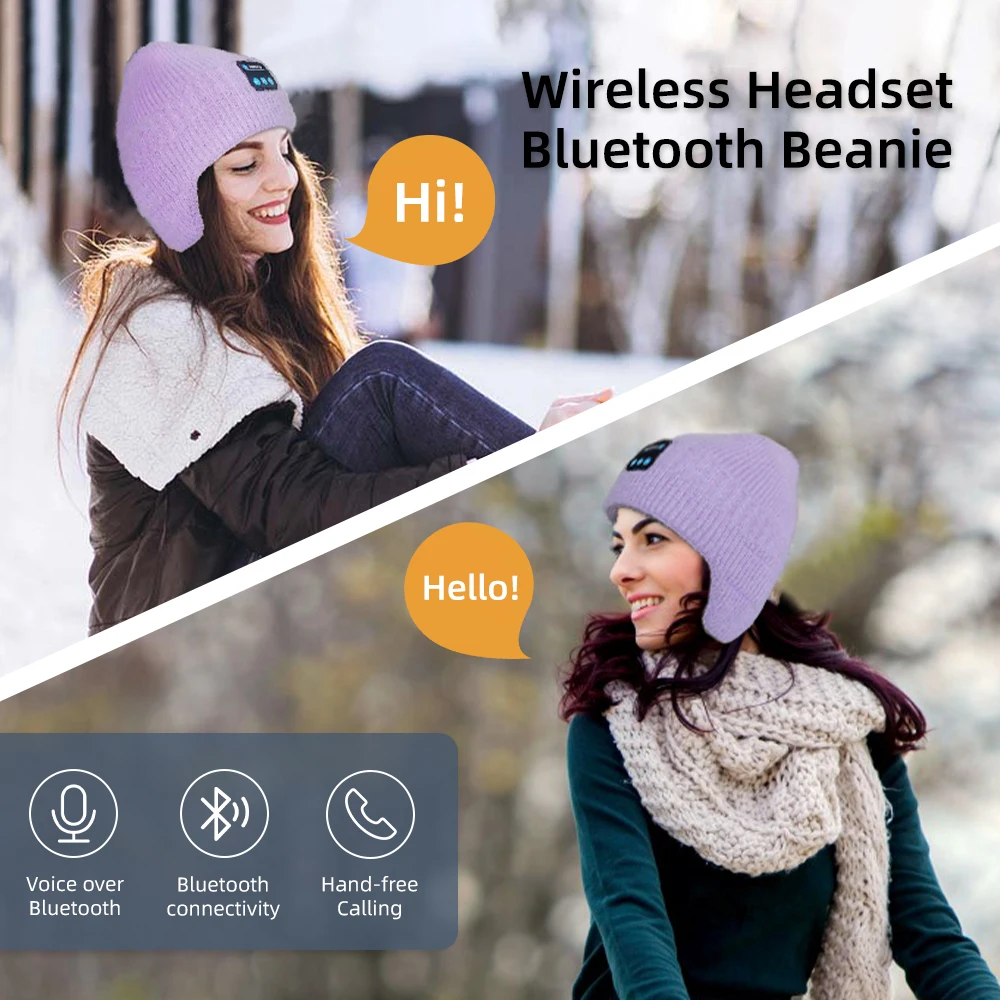 Bluetooth Beanie Hat Wireless Headphone, Men Women Winter Knit Hat with Ear Flaps Music Speaker Hat Outdoor Walking Cap, Purple