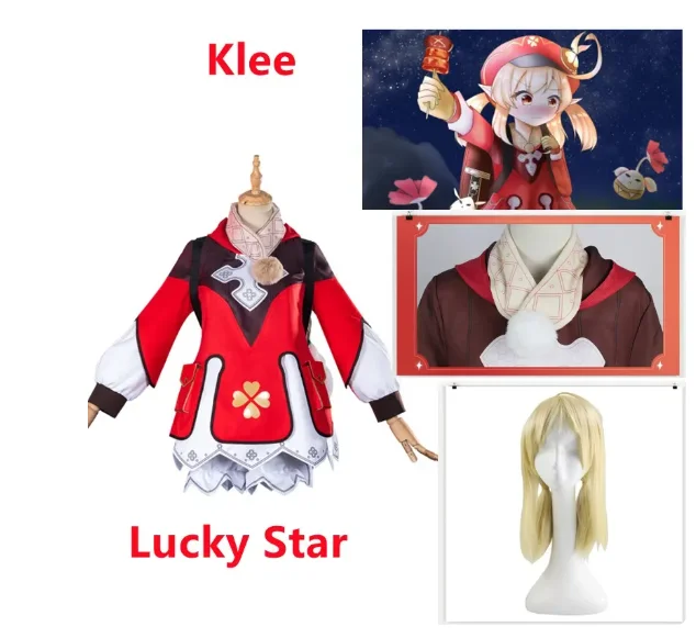 

Klee Cosplay Costume Game Genshin Impact Woman Halloween Carnival Red Dress Loli Cute Outfit Feather Hat Ears Wig Full Set Props