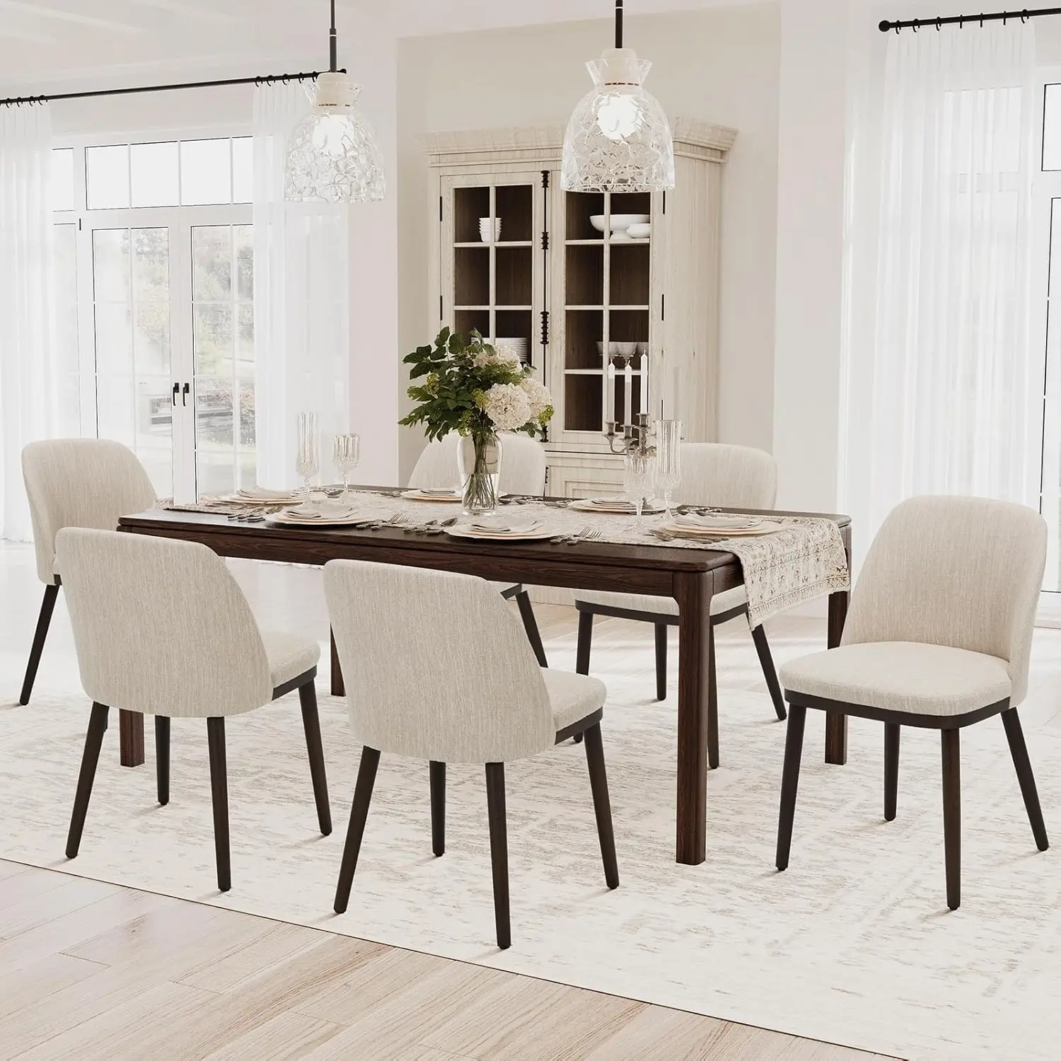 Upholstered Dining Chairs Set of 6, Modern Kitchen Chairs with Back Fabric Side Chair with Wood Legs for Dining Room Beige