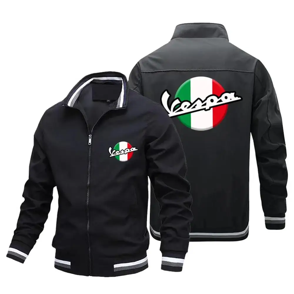 Jaqueta casual de Vespa masculina, estampada com logotipo, colarinho à prova de vento, jaqueta piloto, Novo, 2024