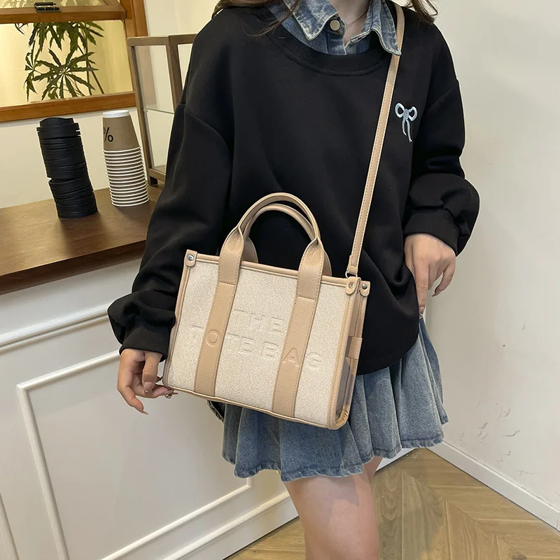 

2025 Large Tote Bag for Women, Straw Bag with Letter Design, Spacious Canvas Shoulder Bag for Work & Travel