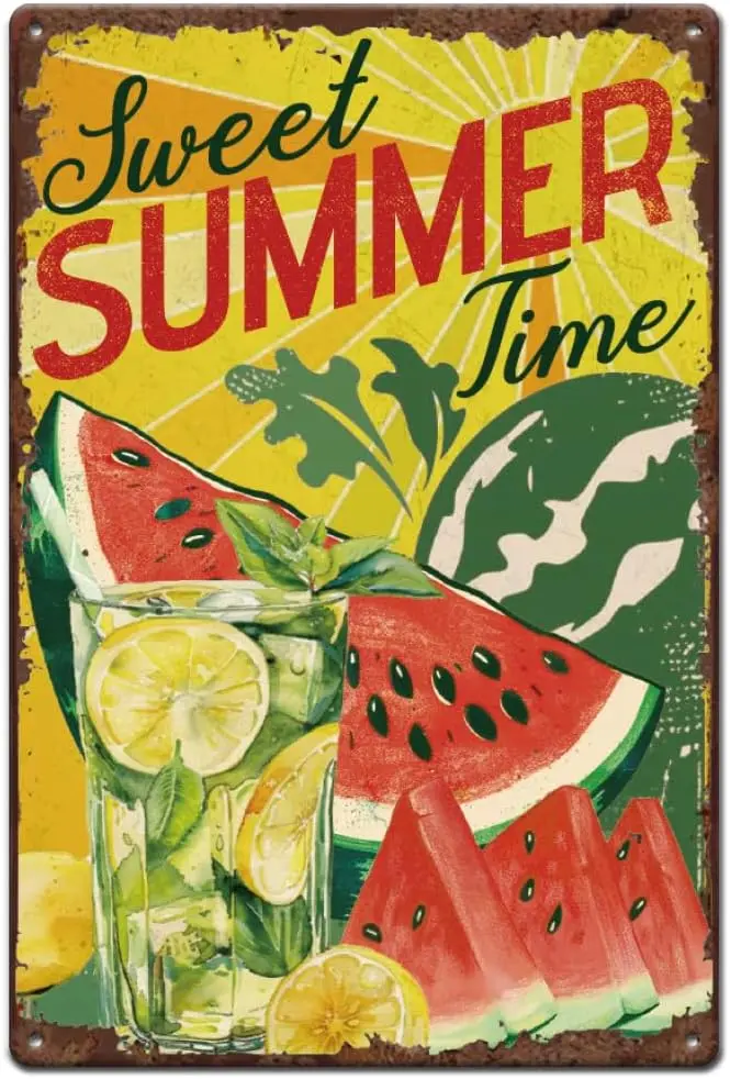 SUPERDANT Watermelon Tin Signs Hanging Metal Posters Vintage Metal Tin Signs Summer Time Posters Iron Wall Art Tin Signs Home Wa