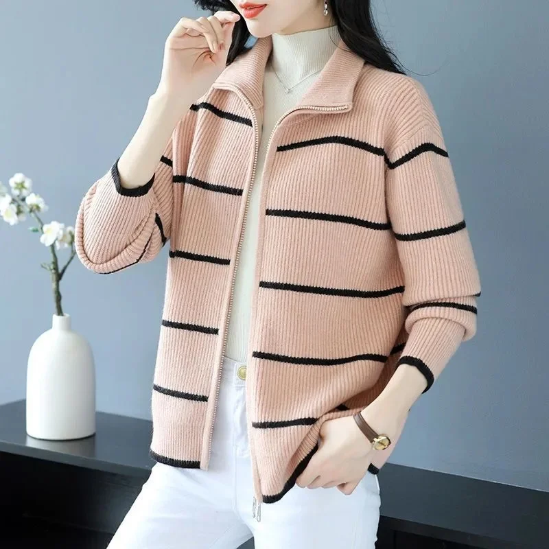 Sweater Rajut Wanita Bergaris Kerah Temperamen Musim Semi Gugur 2025 Baru Kasual Cardigan Resleting Sweater Wanita Jaket Rajut Resleting