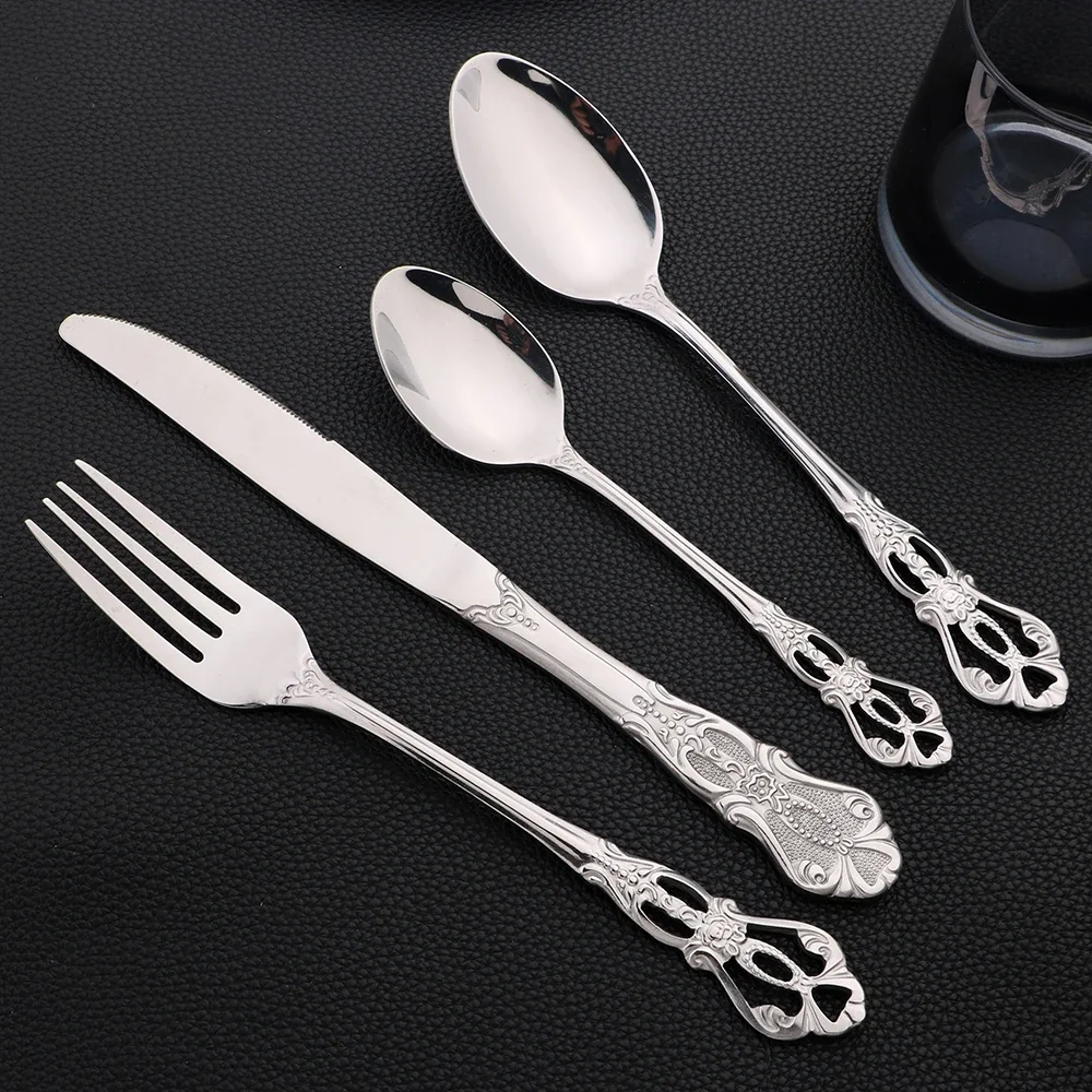 16Pcs Cutlery Sets Vintage Stainless Steel Tableware Dinner Knife Fork Dessert Spoon Dinnerware Set Kitchen Flatware