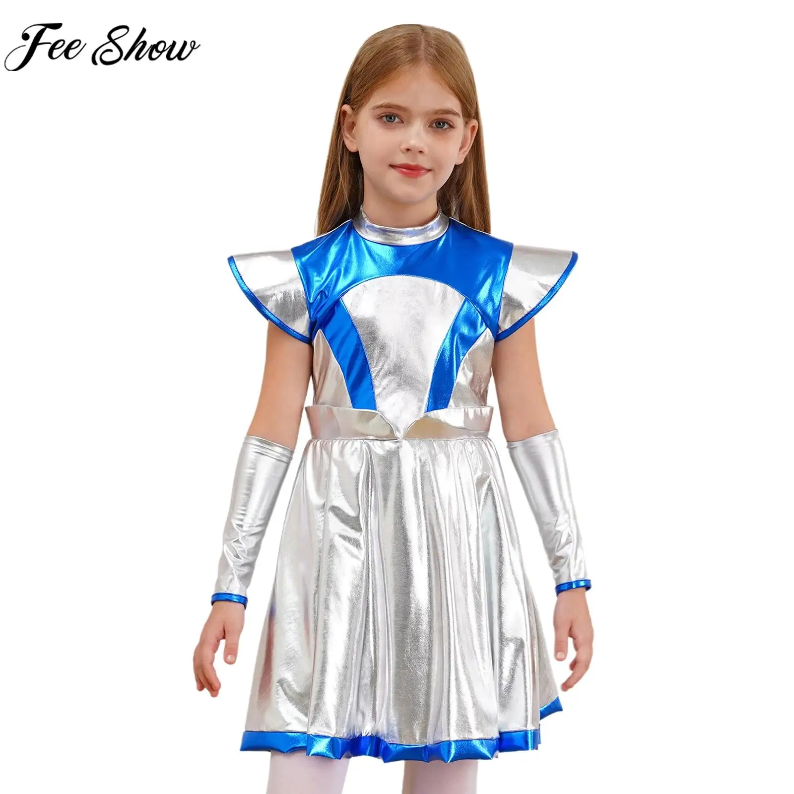 

Kids Girls Halloween Alien Cosplay Dress Sleeveless Contrast Color Metallic Shiny Outer Space Dress Theme Party Carnival Costume