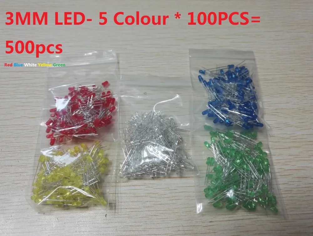 500Pcs/lot 3MM 5MM LED Diode Kit Mixed Color Red Green Yellow Blue White F3 F5 5 Values Assorted Assortment Set Diy Kits