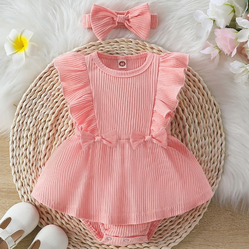 

0-18M Baby Girl Summer 2Pcs Outfit Solid Ribbed Ruffled Sleeveless Bow Romper Dress with Headband