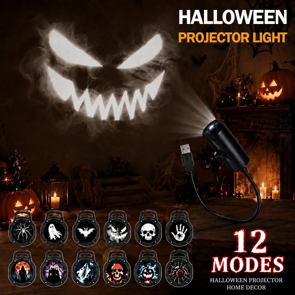 LED Projector Light Halloween Ghost Skull Night Light Switchable Pattern USB Projector Lamp for Room Ceiling Window Wall Decor