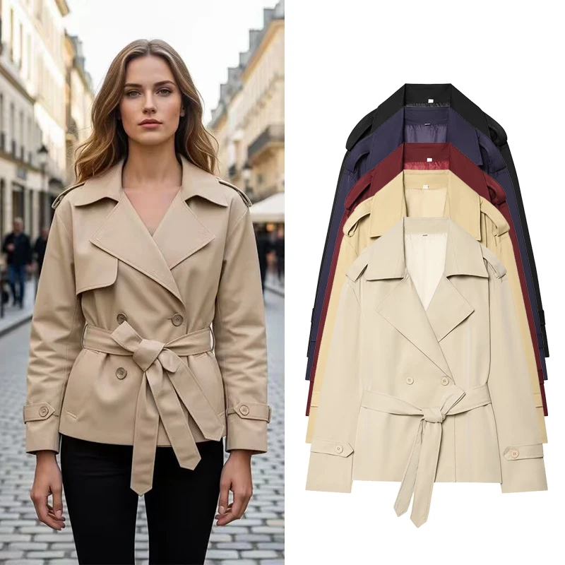 

Women's Trench Fashion With Belt Short Trench Spring Women Turn-down Collar Long Sleeve Coats Vintage Female Outerwear Chic Tops