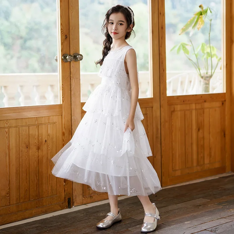Girls Sequin Tulle Tiered Dress Sleeveless O-Neck Layered Ruffle Princess Dress for Kids Birthday Party Wedding & Daily Wear
