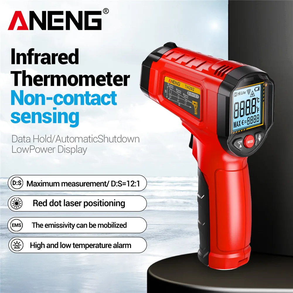 ANENG TH202 เครื่องวัดอุณหภูมิอินฟราเรดการตรวจจับแบบไม่สัมผัส -50~600 ℃   อุณหภูมิปืน LCD Backlit จอแสดงผลหน้าจอ Pyrometer Tester Meter