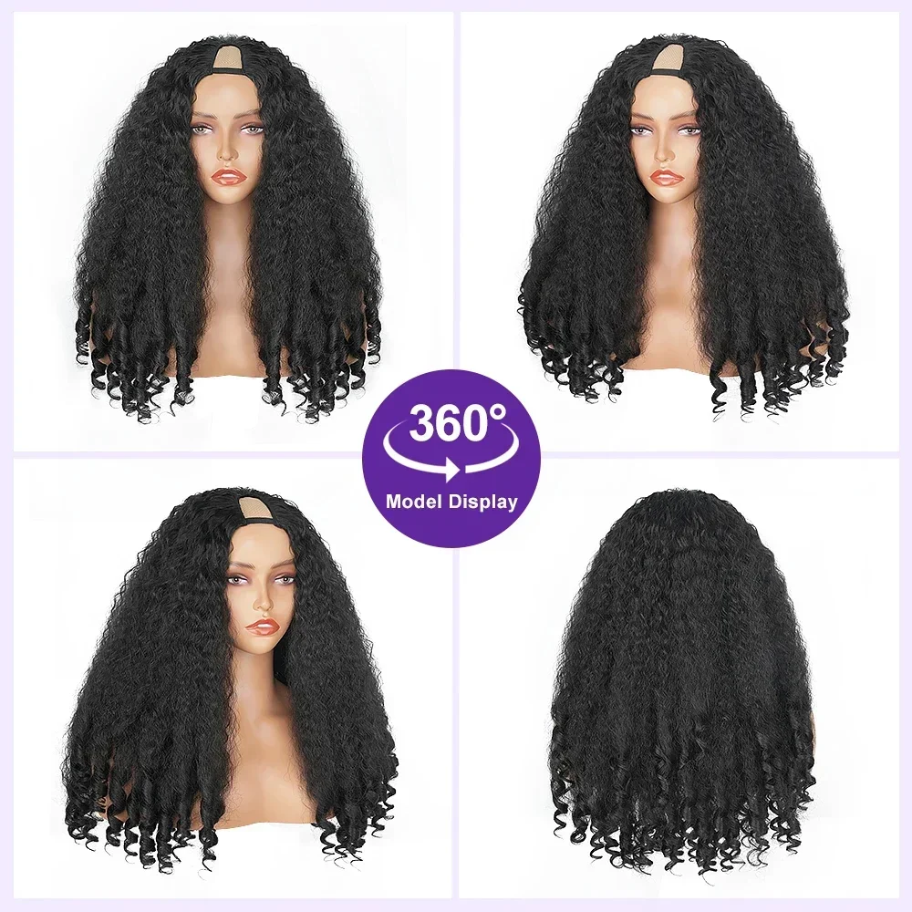 Afro Kinky Straight V Part Wigs with Bouncy Curls Short Synthetic Glueless Wigs for Black Women No Leave Out Clip in Half Wigs