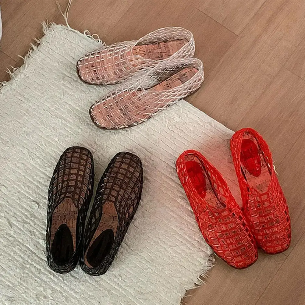 Women Lattice Ballet Flats, Breathable Fishnet Design Jelly Sandals, Casual Vacation Shoes for Beach Poolside Summer Holiday