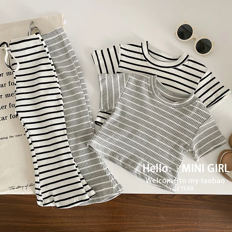 Children Sets Sale Price Girls Summer Style Striped Short-sleeved + Wide-leg Hollow Striped Trousers Two-piece Set Wholesale