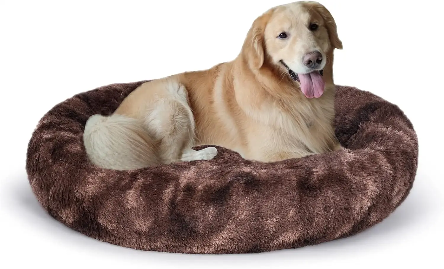 

Oval Calming Donut Pet Bed, Shag Faux Fur Washable Round Pillow for Small Medium Dogs (XXL 43x34x8, Brown)