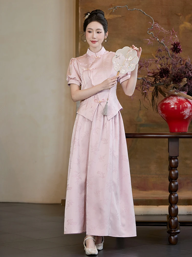 

Pink Wedding Dress Qipao Long Skirt Traditional Chinese Wedding Gown Reformed Style Engagement Ceremony Spring Summer