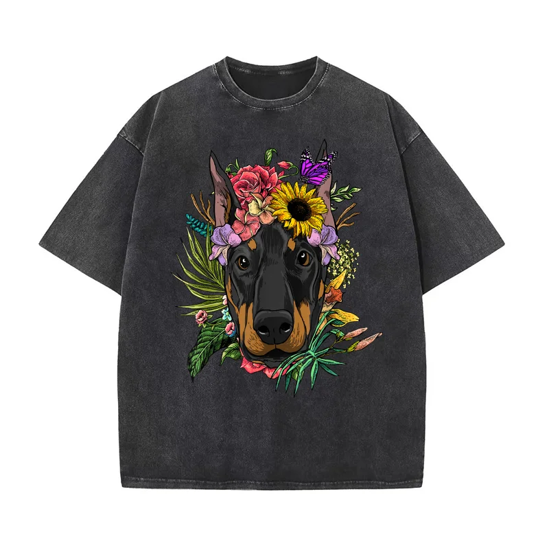 

Doberman Shirt Floral Doberman Pinscher Dobie Pet Dog Lover T-shirt Men's Tee Shirt Short Sleeve Male Clothes Fashion