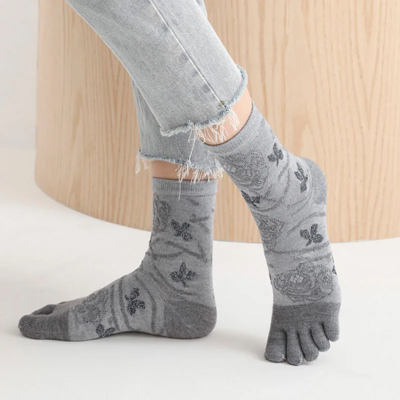 Winter Women Short Toe Socks Wool Silver Wire 3D Pattern Flower Solid Keep Warm Sweat-Absorbing Elastic Invisible 5 Finger Socks