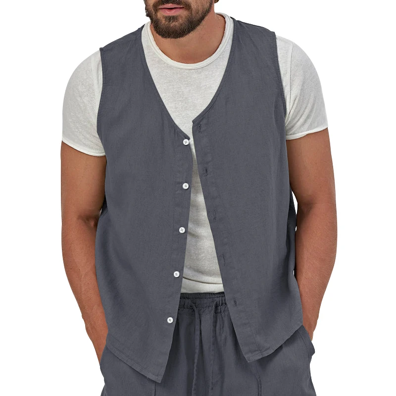

Summer thin button casual solid-color linen vest button men's sleeveless outerwear