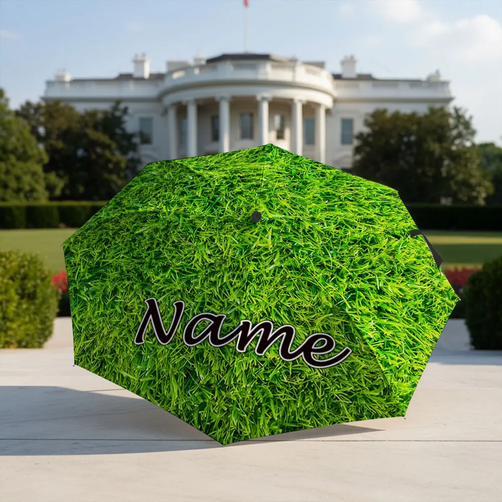 Custom Name Umbrella Realistic Green Grass Texture Print Folding Umbrella Portable Travel Parasol For Nature Simple Style