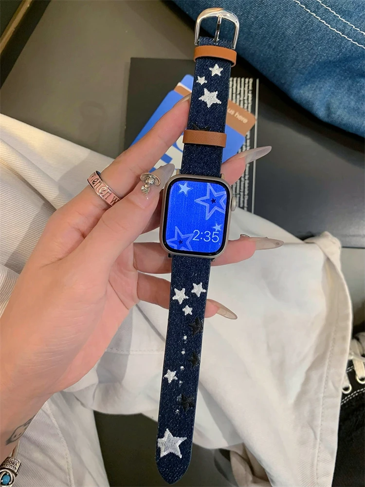 Y2k Star Butterfly Embroidered Denim Leather Watch Strap For Apple Watch Band 41mm 40mm 38mm Girl Band For iwatch 8 7 SE 6 5 4 3