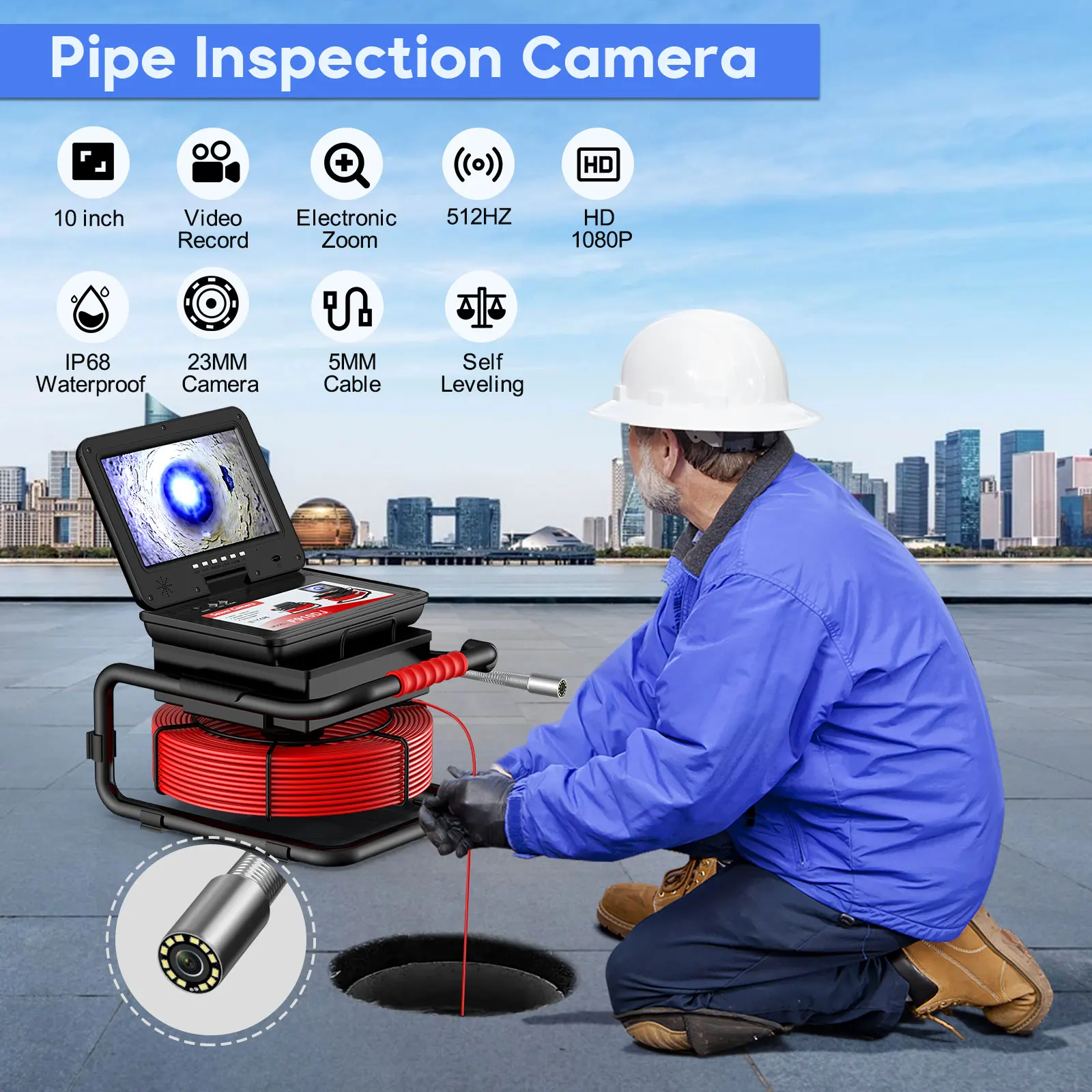 

10.1" 1080P IPS Sewer Camera DVR 512Hz Locator Auto Leveling 20-50M Fiberglass Cable Pipe Drain Inspection Kit