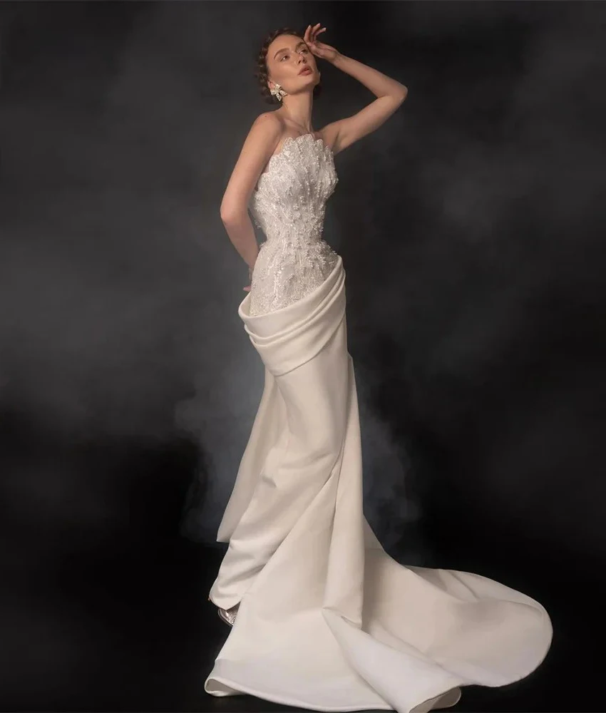 

MCDV Customized Graceful Satin Mermaid Sequined Pearls Beading Evening Dress Temperament Strapless Women Wedding Gowns