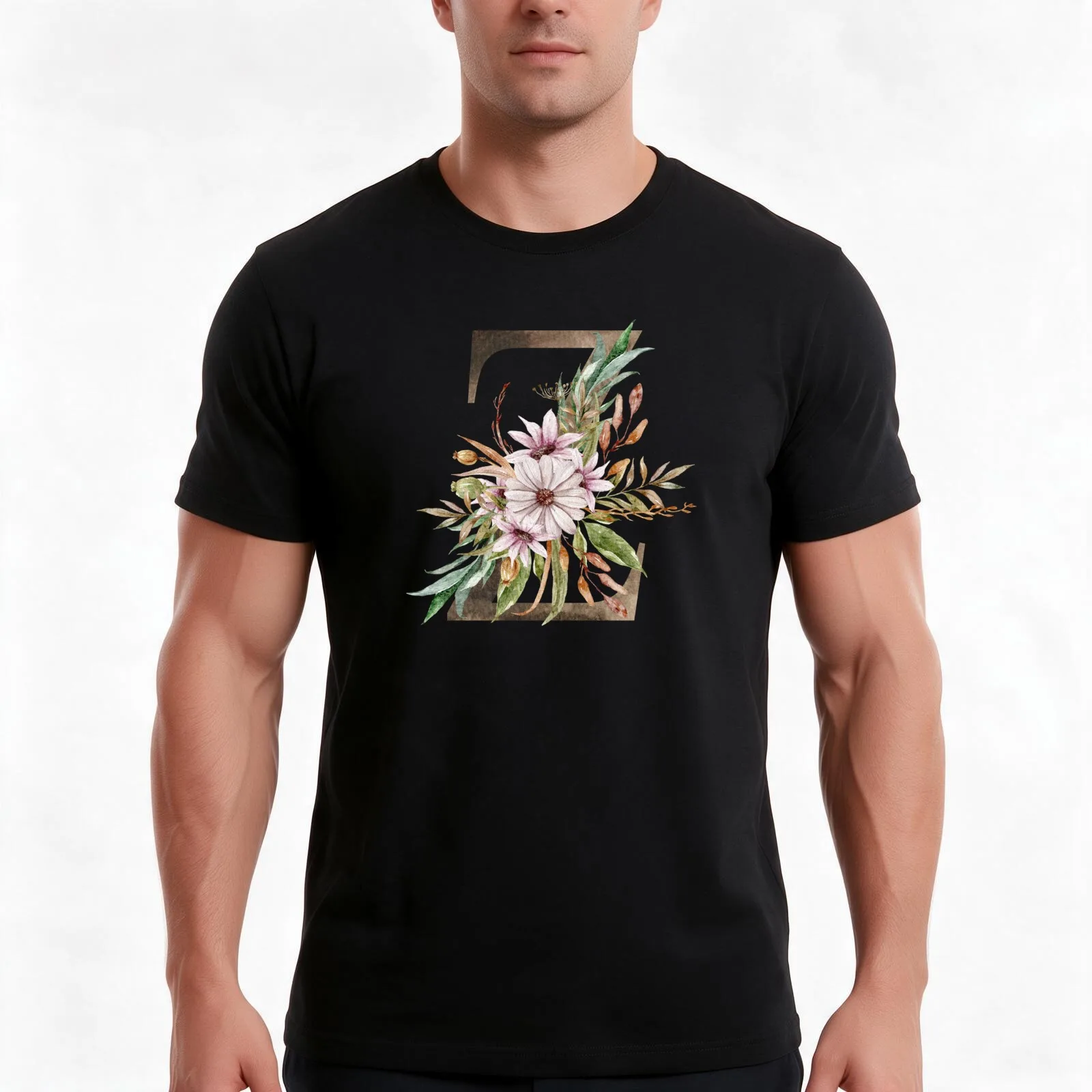 Watercolor floral Z wedding monogram letter print T-Shirt, Summer Casual Cotton Tee, Oversized Streetwear Tops, Unisex Men Women