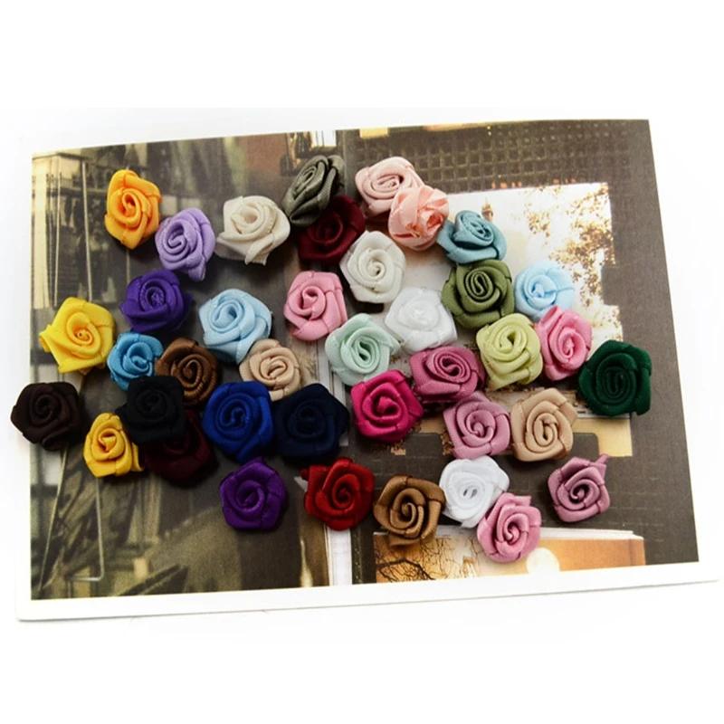 100 pcs Mini Fabric Flowers for Crafts Multicolor Rose Ribbon Bows Small Rosettes DIY Sewing Crafts Appliques for Hand A