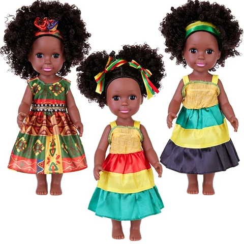 14inch 35cm American African Black Doll with Clothes Full Vinyl Body Curly Hair Doll Realistic Black Baby Doll Kid Toy Girl Gift