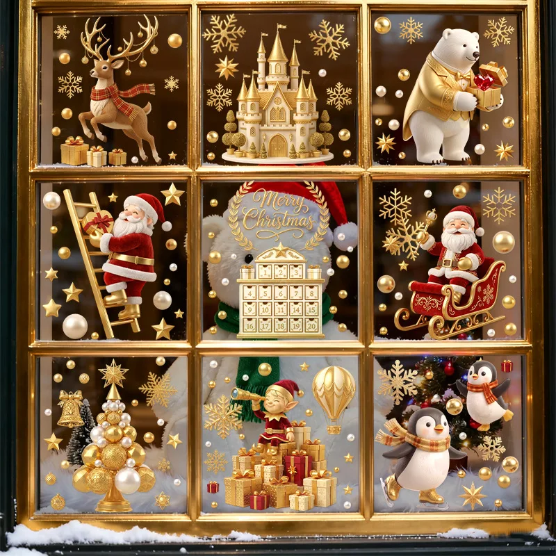 Christmas Day Gold Ornaments Static Glass Doorboards Windows Stickers Castle Elves Penguins Elk Sleigh wall stickers