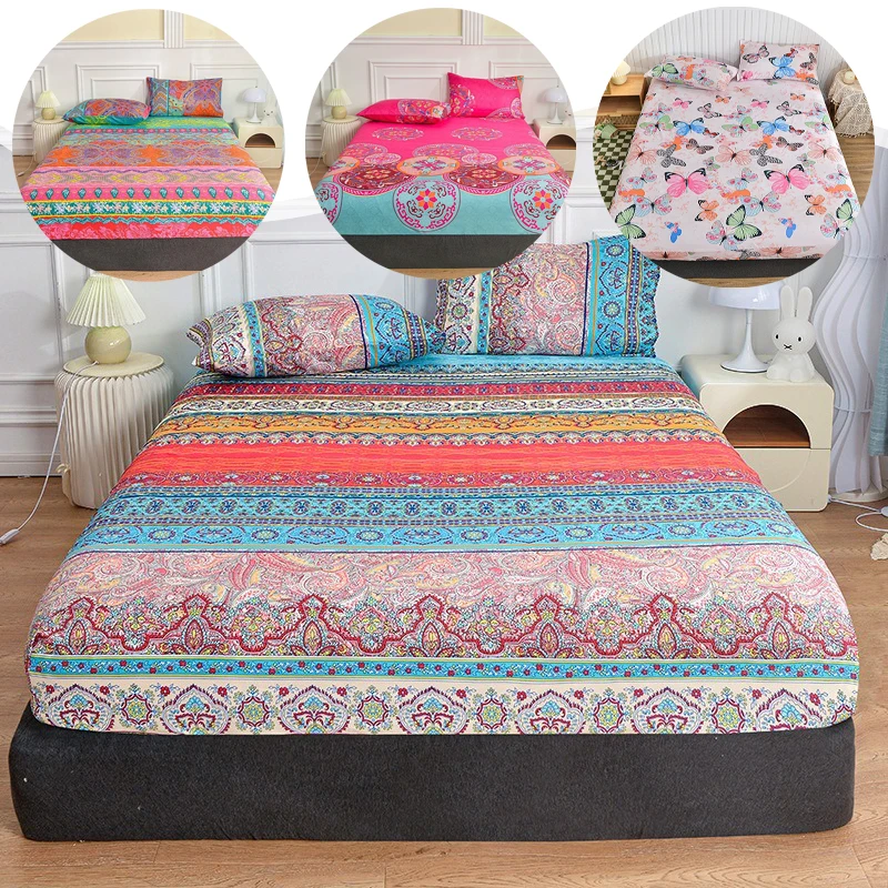 Non-Slip Printed Fitted Sheet Cotton Elastic Edges Geometric Design Matte Finish for King Queen Bed 150x200 180x200 220x200cm