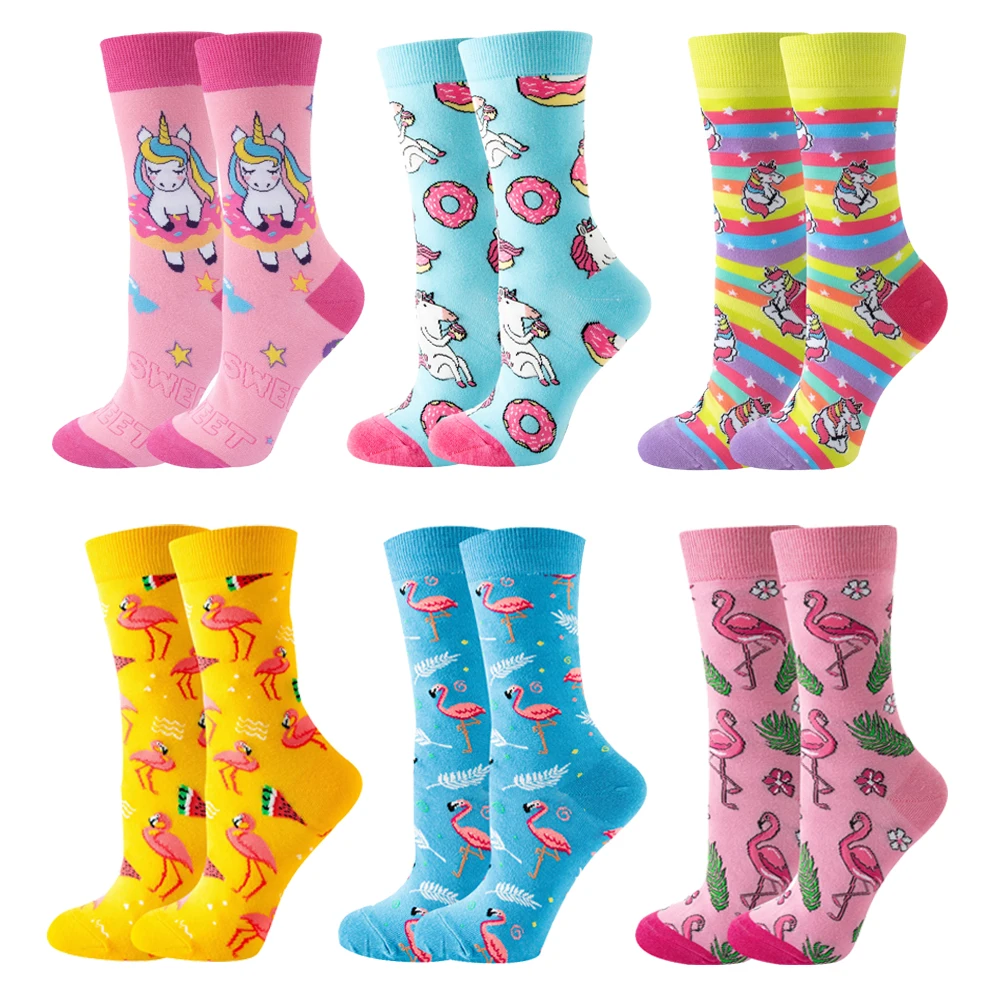 6 Pairs New Fashion Cute Happy Mid-tube Women Socks Watermelon Cherry Cat Dog Flamingo Cow Lovely Casual Funny Socks