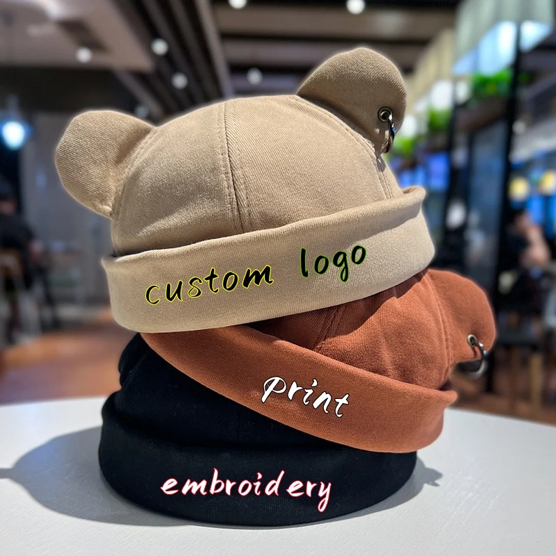 Fashion Cat Ears Melon Hat Custom Logo Dome Caps Unisex Solid Color Hip Hop Brimless Beanie Docker Cap Crochet Bonnet