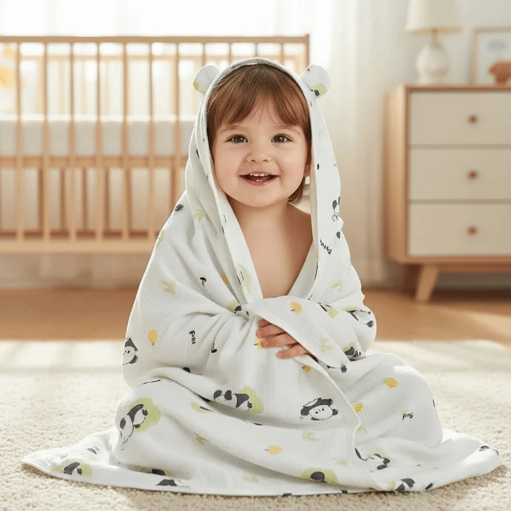 

Nightrobe Cute Baby Hooded Cape Towels Cartoon Printed Soft Gauze Blanket Wrap Chick Thickened Kids Bathrobe Beach